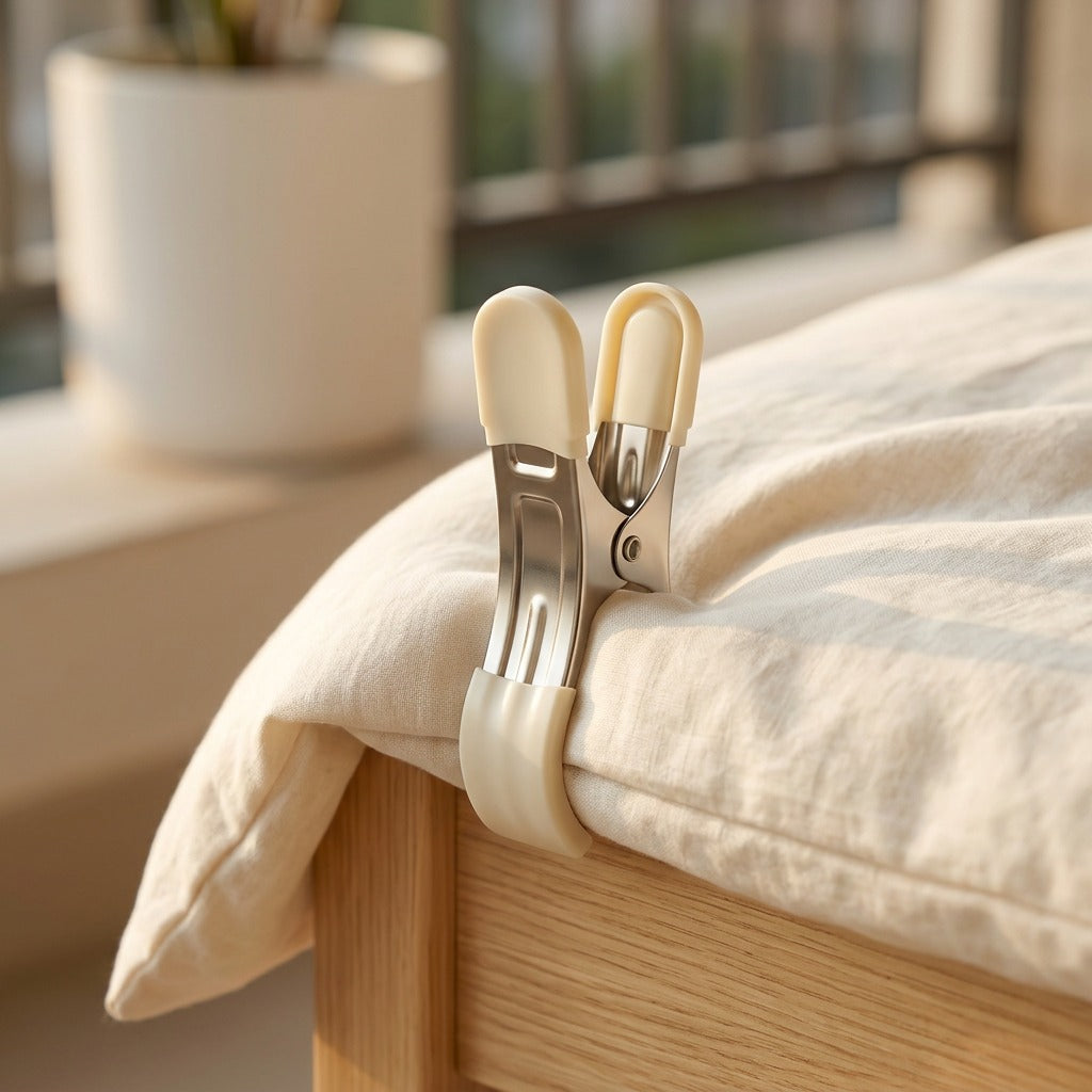 Sheetgrip™ Stainless Steel Bed Sheet Clips, styled close view