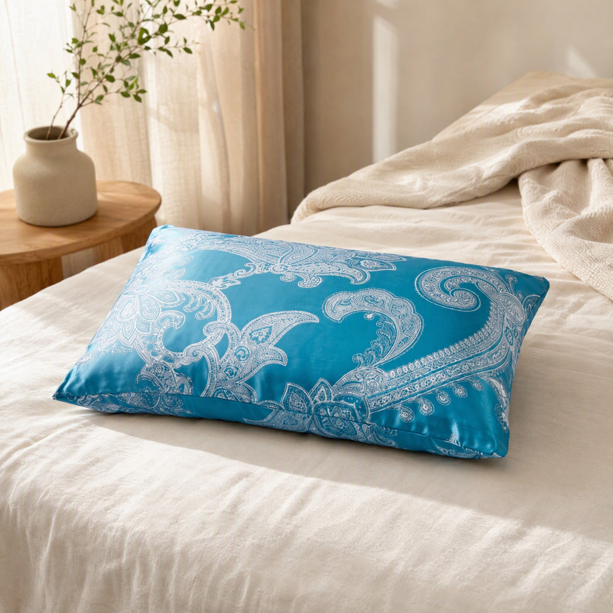 Satinsheen™ Jacquard Satin Pillowcase in a calm home setting