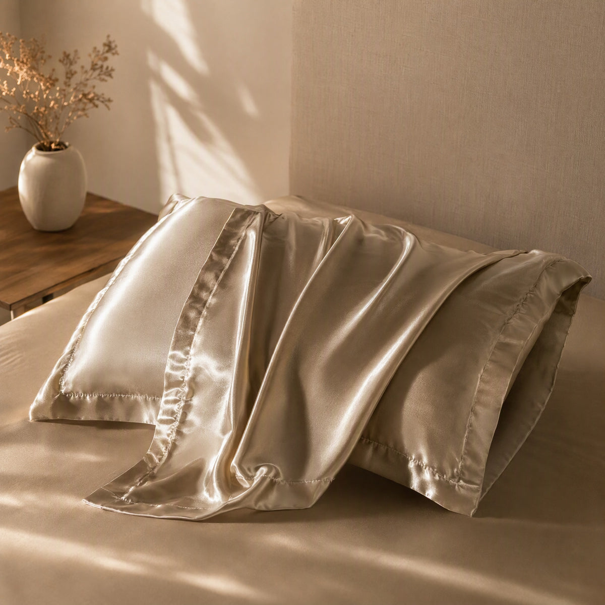 Satinfloat™ Polyester Silk Satin Pillowcase, styled close view