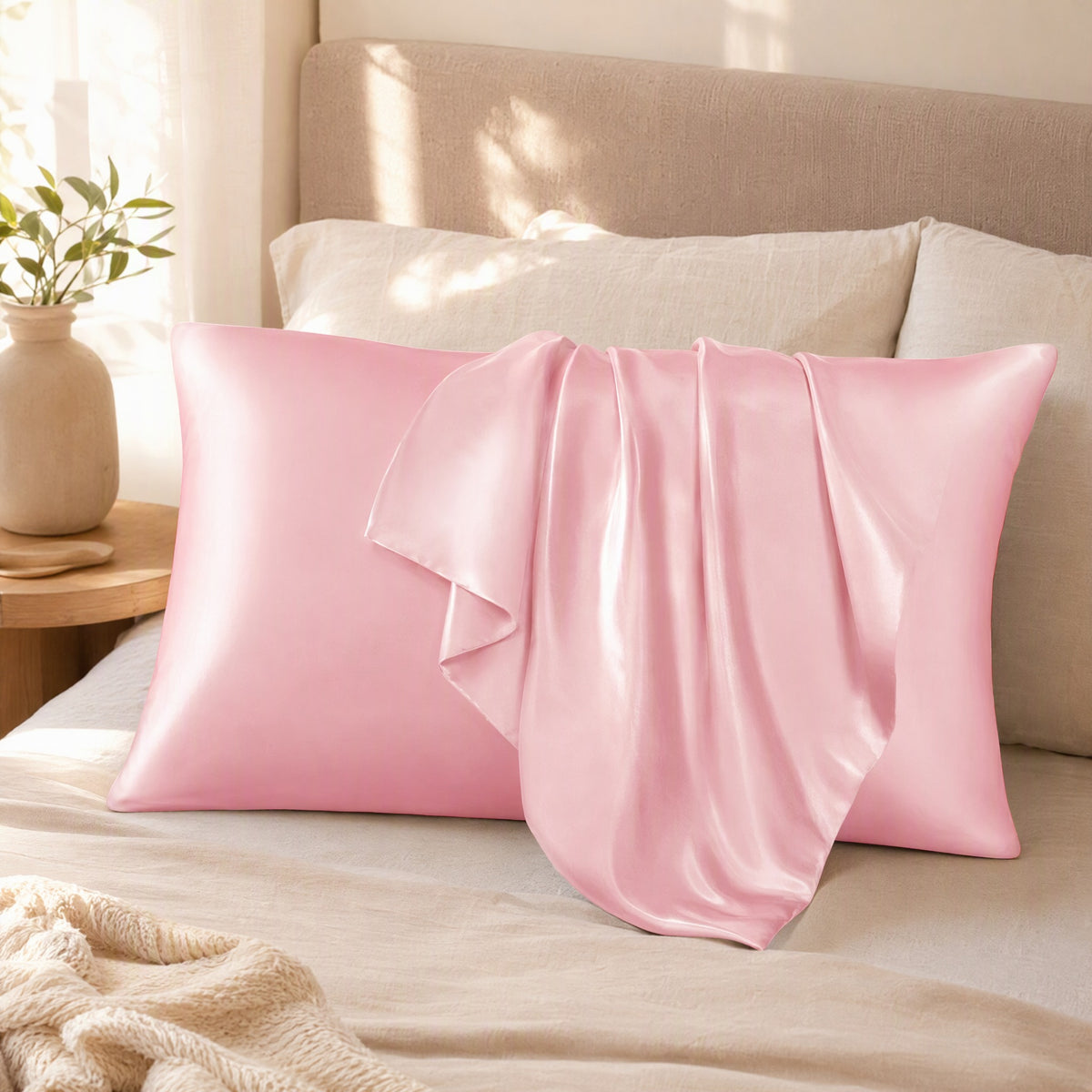 Silksway™ Faux Silk Satin Pillowcase in a calm home setting