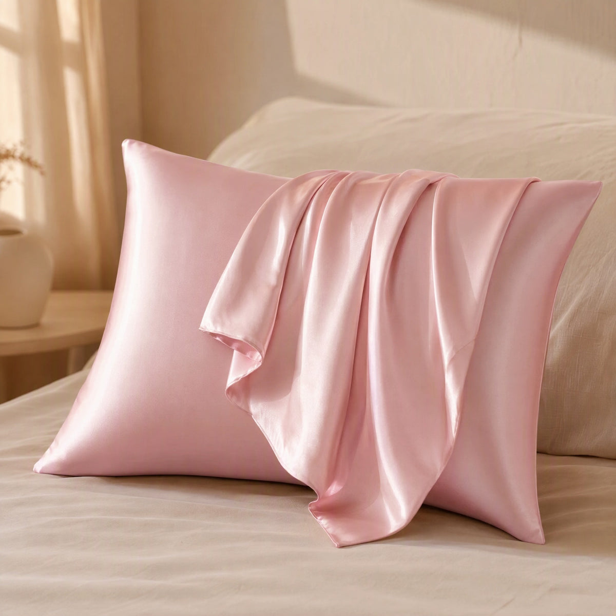 Silksway™ Faux Silk Satin Pillowcase, styled close view