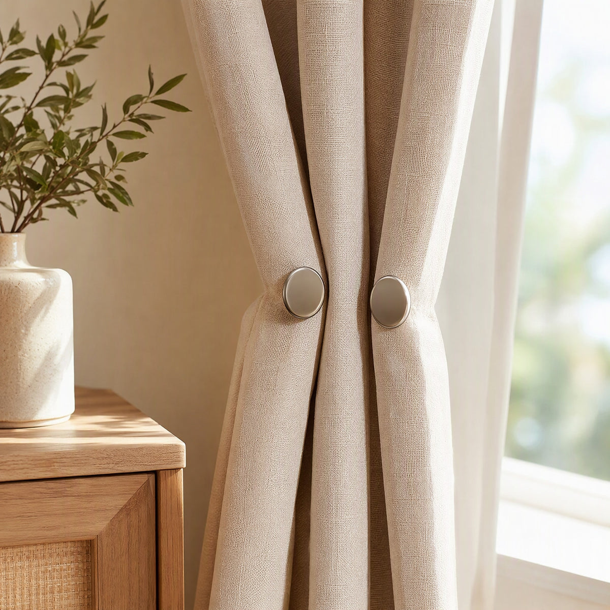 Drapelock™ Magnetic Curtain Closure Fastener in a calm home setting