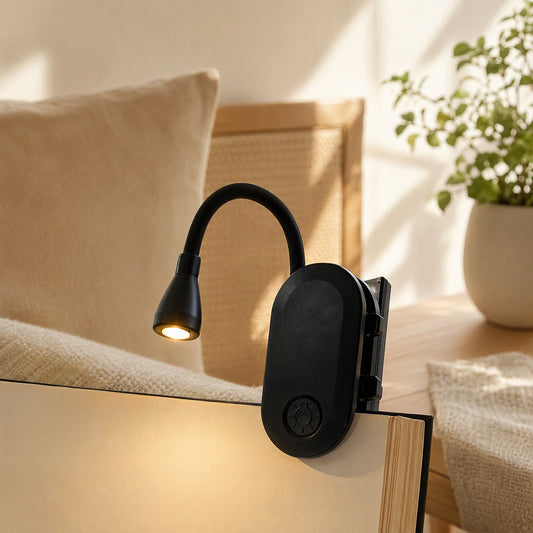 Pageglow™ Rechargeable LED Book Clip Night Light in a calm home setting
