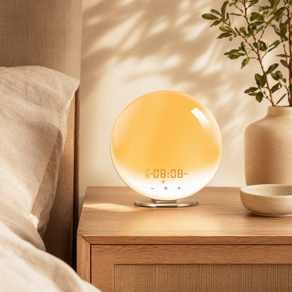 Risehush™ Sunrise Wake-Up Light Alarm Clock in a calm home setting