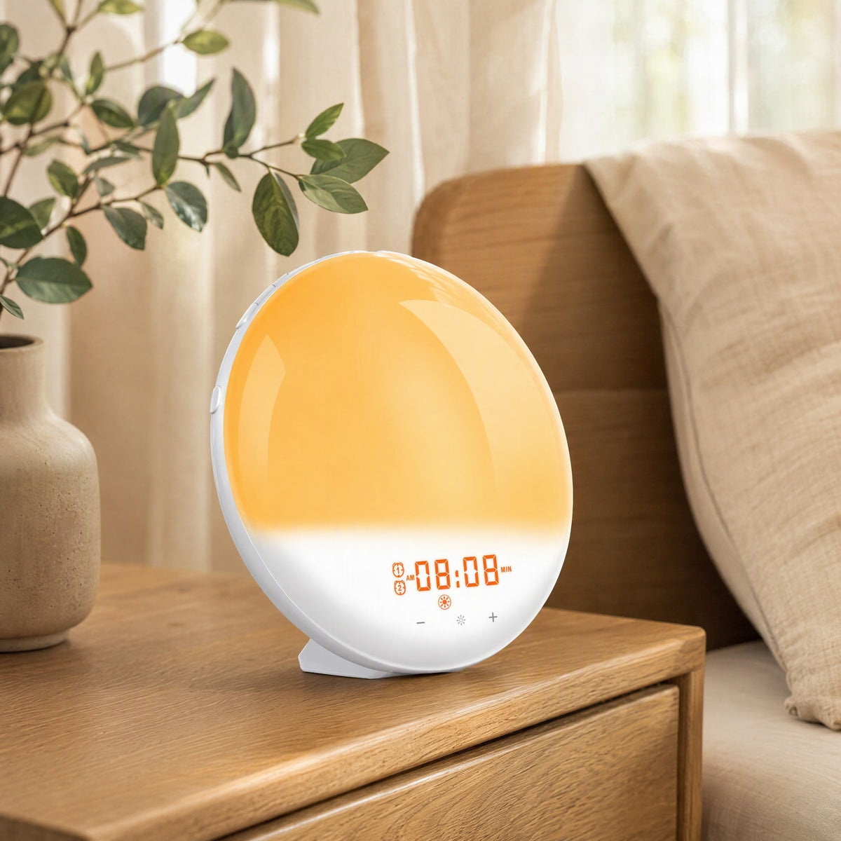 Raywake™ LED Sunrise Wake-Up Light Alarm Clock in a calm home setting