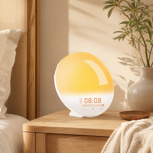 Glowcycle™ LED Sunrise Sunset Alarm Clock in a calm home setting
