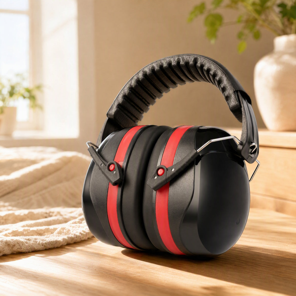 Slidehush™ Retractable Soundproof Earmuffs in a calm home setting
