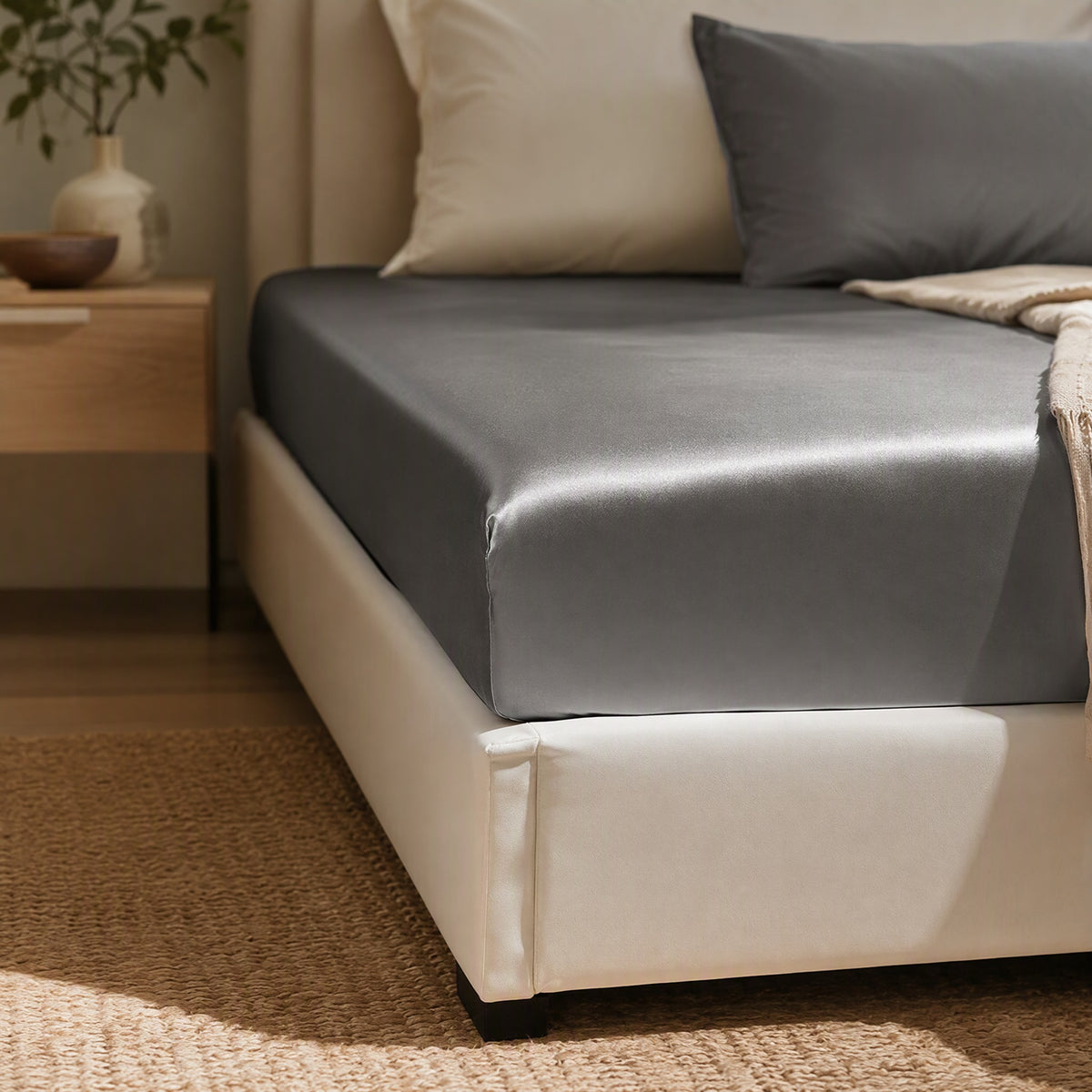 Satinsnug™ Satin Fitted Sheet, styled close view