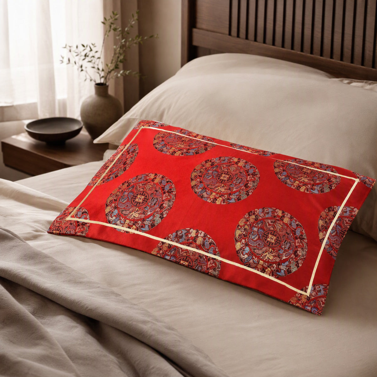 Satinweft™ Rectangular Satin Jacquard Pillowcase, styled close view