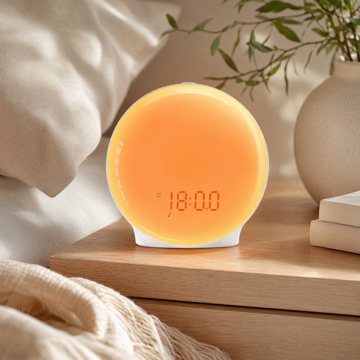 Lightwake™ Sunrise Wake-Up Light Alarm Clock in a calm home setting