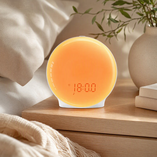 Lightwake™ Sunrise Wake-Up Light Alarm Clock in a calm home setting