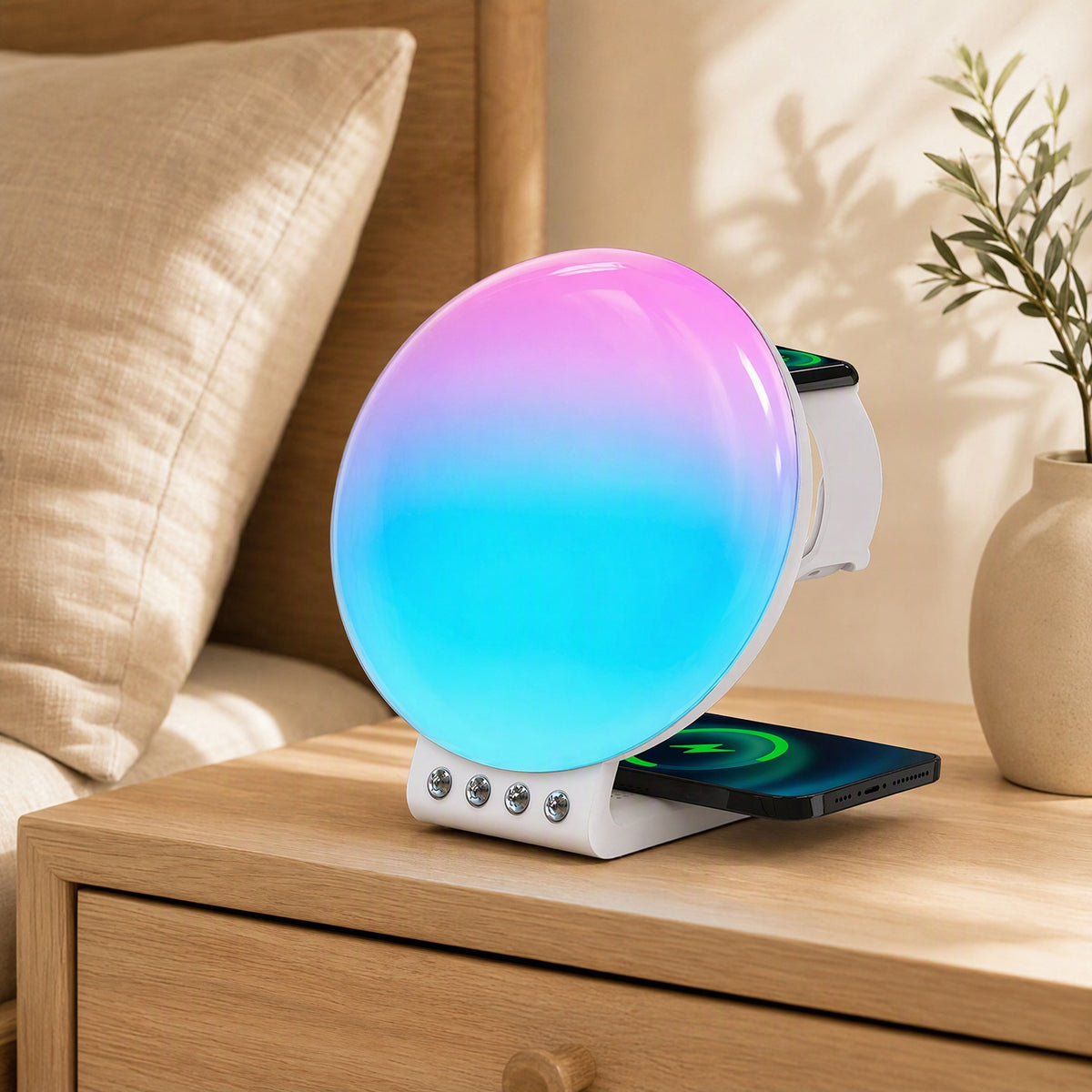 Sunchime™ Sunrise Sunset Alarm Clock With Wireless Charging in a calm home setting