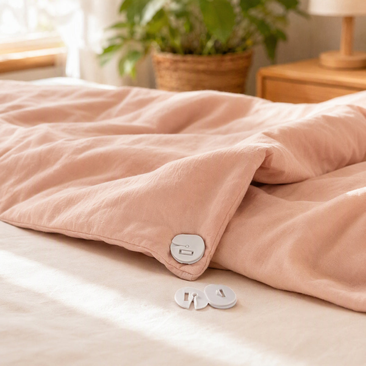 Quiltclip™ Needle-Free Quilt Cover Fasteners in a calm home setting