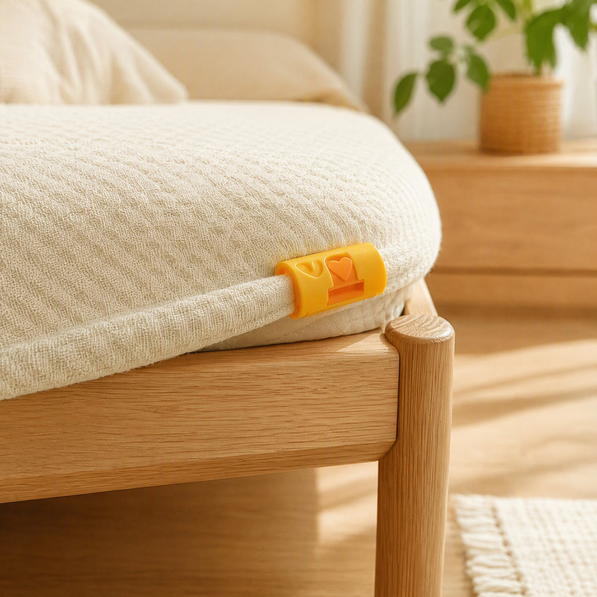 Sheetstay™ Needle-Free Bed Sheet Fastener Clips in a calm home setting