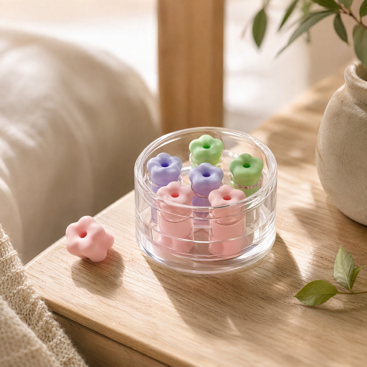 Petalhush™ Flower-Shaped Sleep Earplugs in a calm home setting