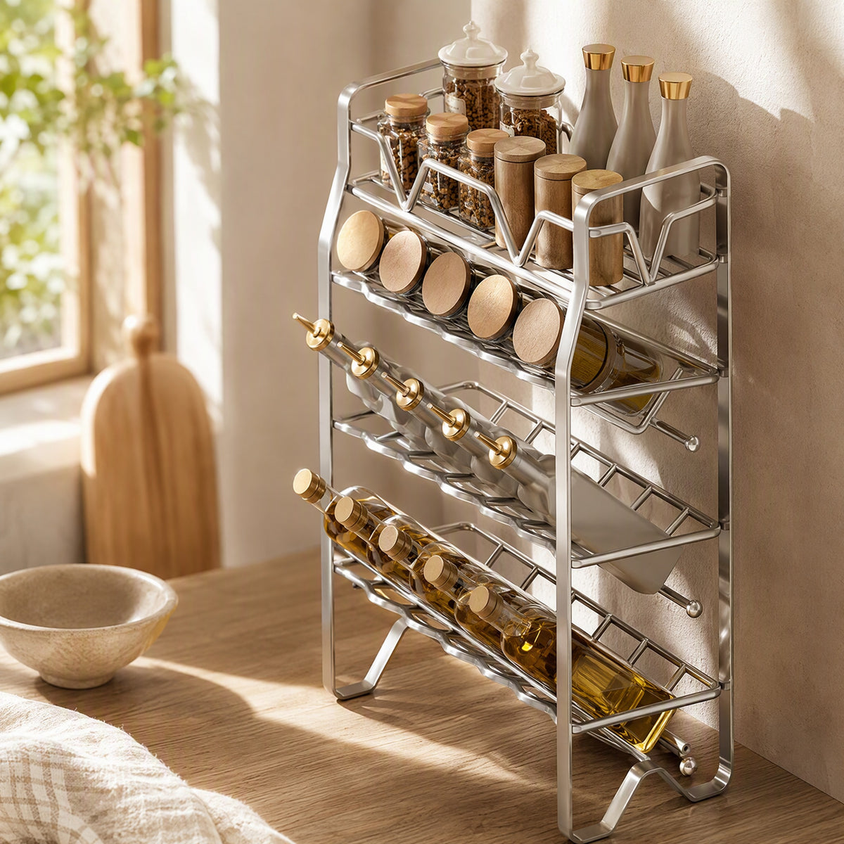 Spicerow™ Stainless Steel Countertop Seasoning Rack in a calm home setting