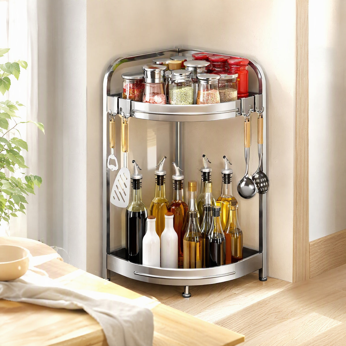 Nooksteel™ Stainless Steel Kitchen Corner Storage Rack in a calm home setting