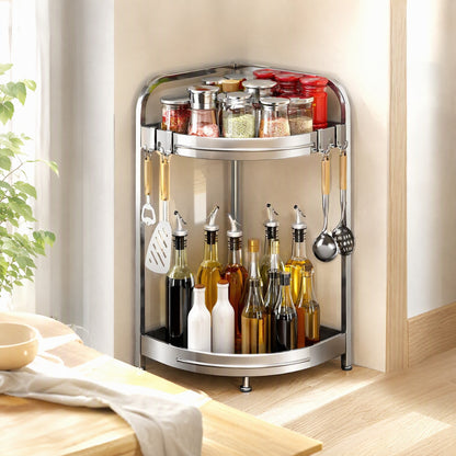 Nooksteel™ Stainless Steel Kitchen Corner Storage Rack in a calm home setting