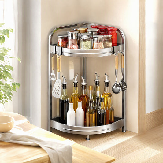 Nooksteel™ Stainless Steel Kitchen Corner Storage Rack in a calm home setting