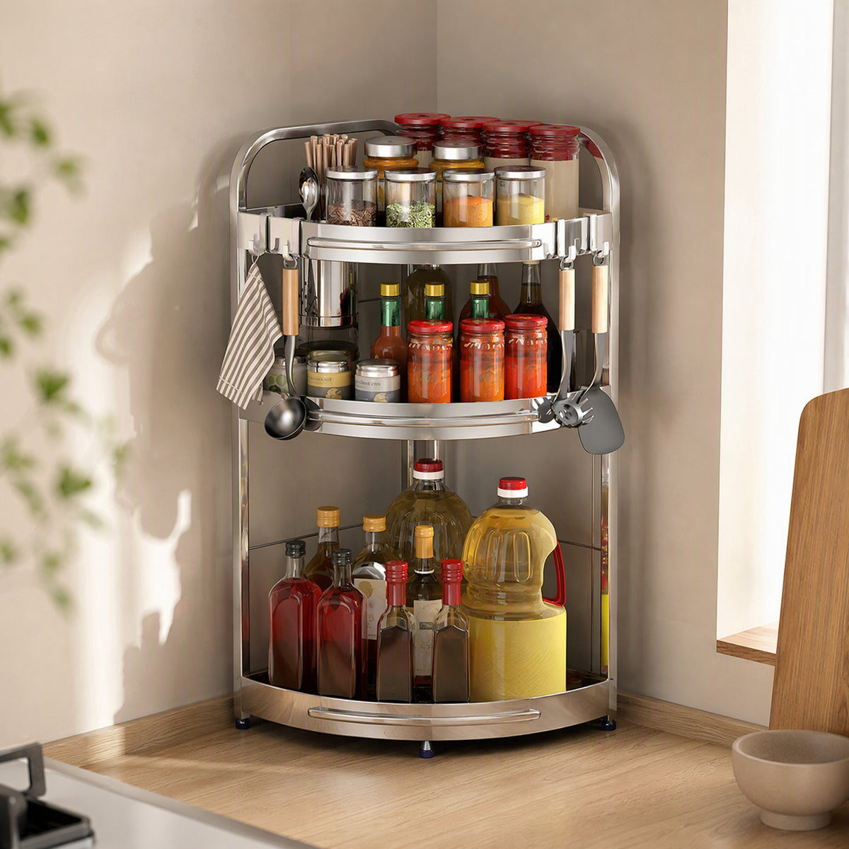Nooksteel™ Stainless Steel Kitchen Corner Storage Rack, styled close view