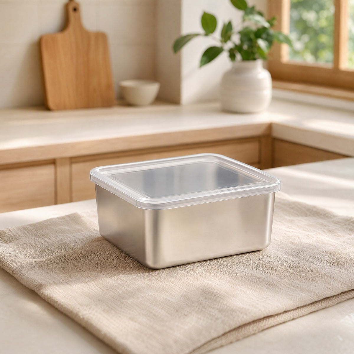 Mealsquare™ Stainless Steel Square Lunch Box in a calm home setting