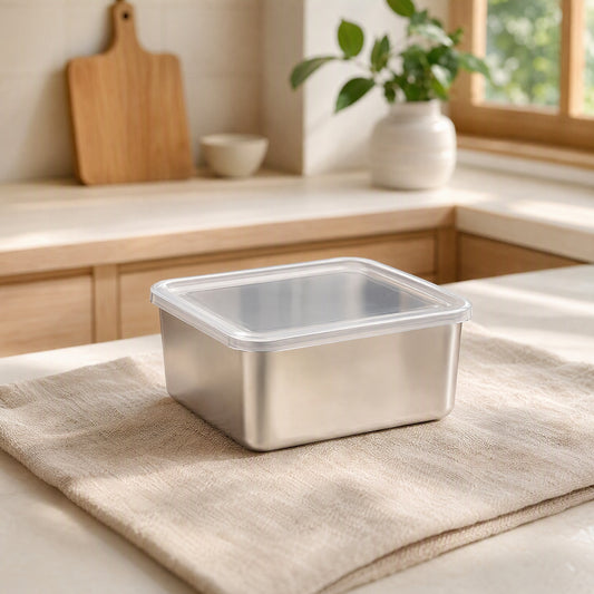 Mealsquare™ Stainless Steel Square Lunch Box in a calm home setting