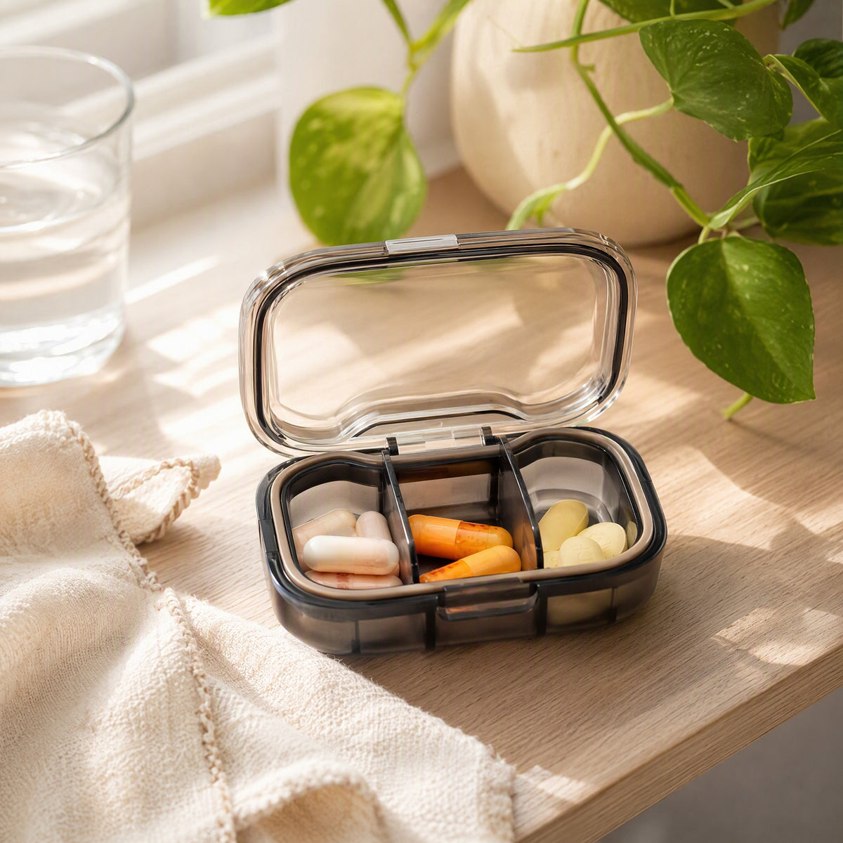 Pillvault™ Polystyrene Medicine Box With Flip Lid in a calm home setting