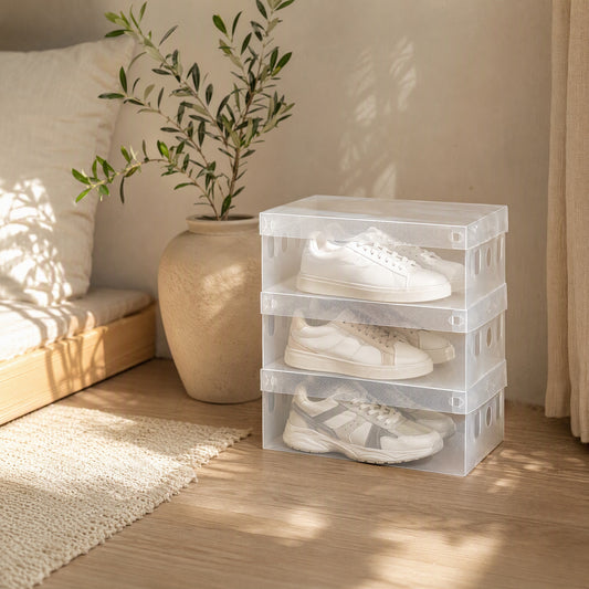 Solepeek™ Transparent Plastic Shoe Box in a calm home setting