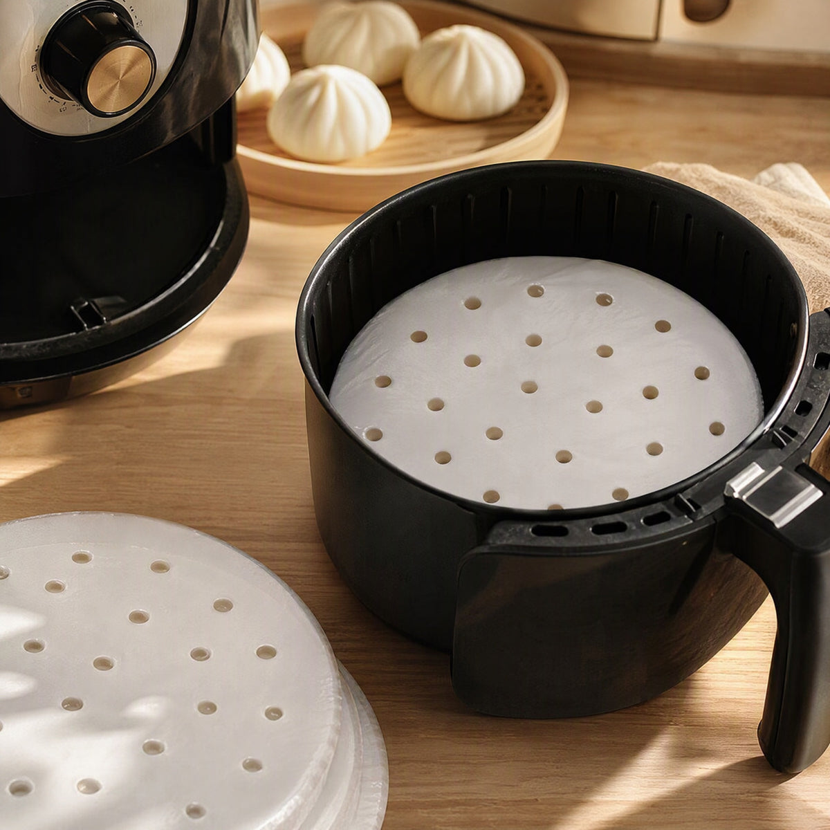 Crispring™ Round Air Fryer Parchment Paper, styled close view