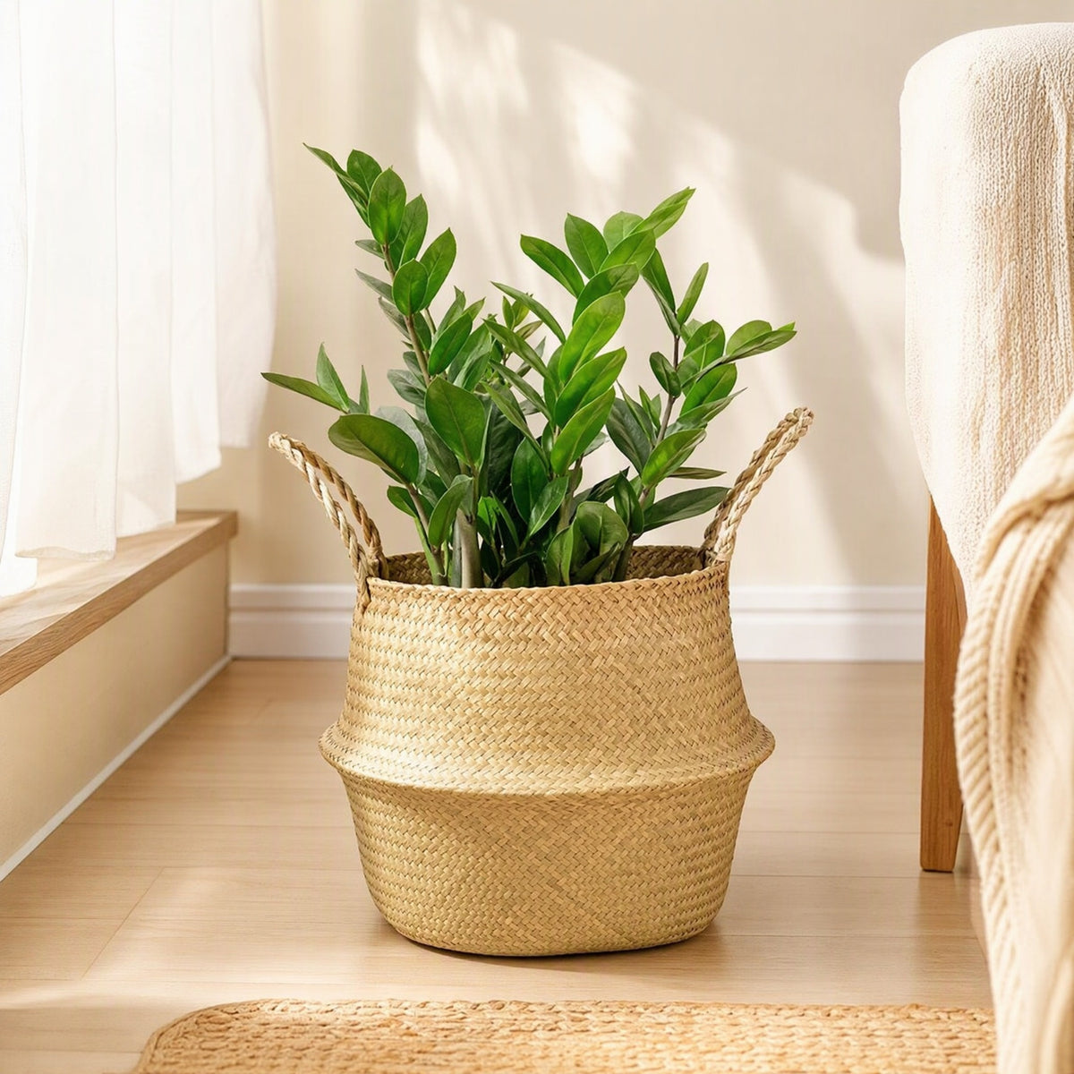 Reedbloom™ Straw Woven Flower Pot Basket in a calm home setting