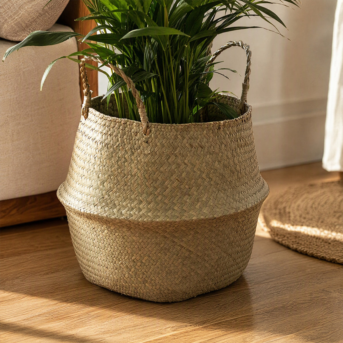 Reedbloom™ Straw Woven Flower Pot Basket, styled close view