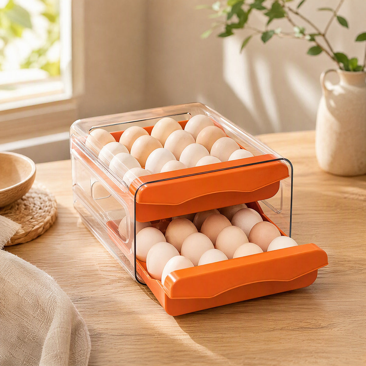 Eggkeeper™ Transparent Double-Layer Egg Storage Box in a calm home setting