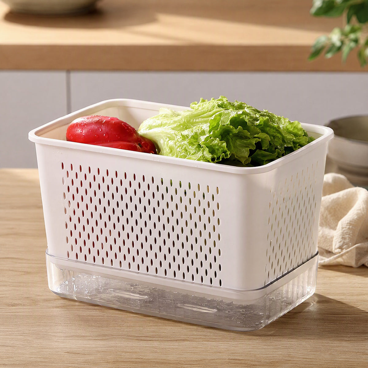 Drainkeep™ Drain Basket Food Storage Box, styled close view