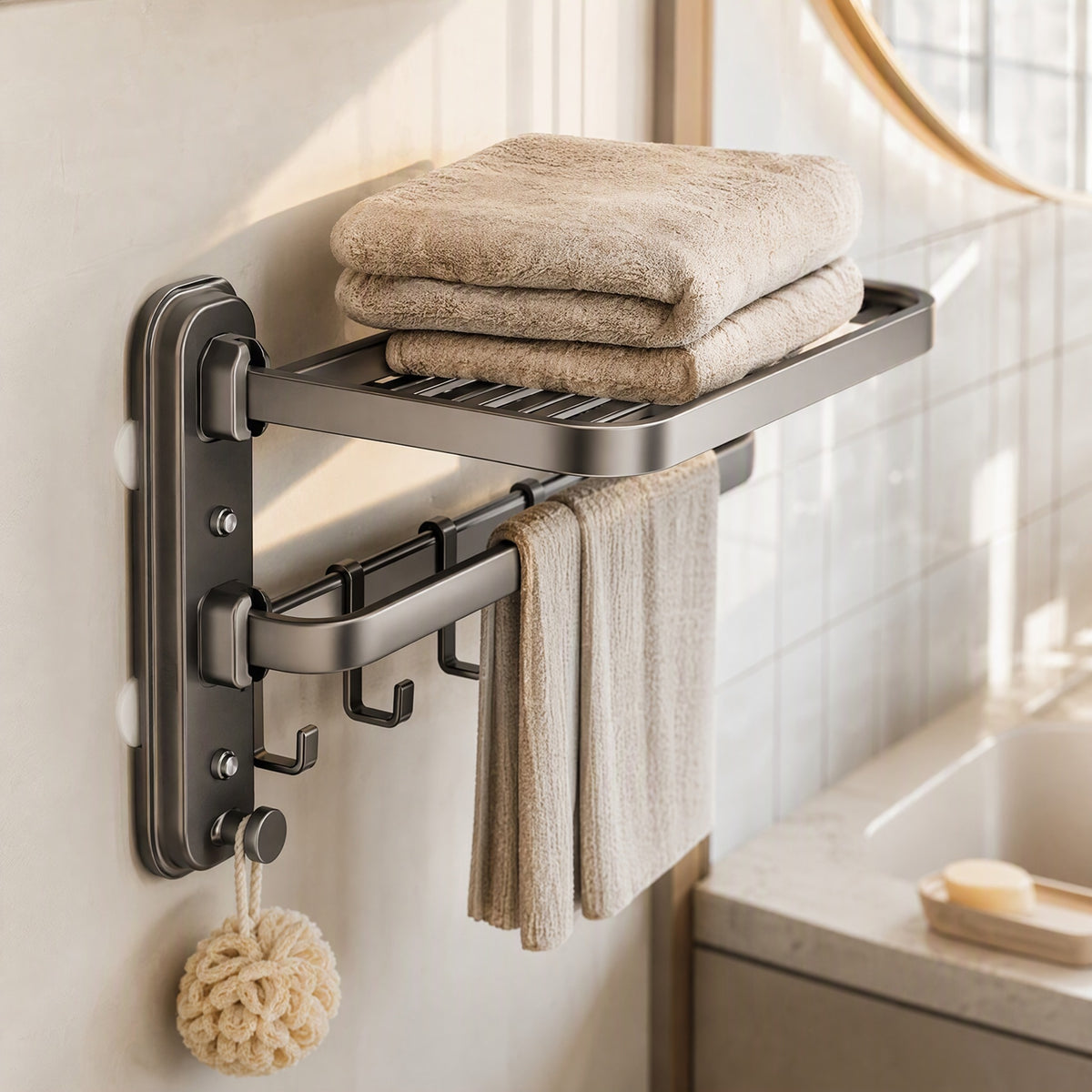 Pressrail™ Suction Cup Towel Rack, styled close view