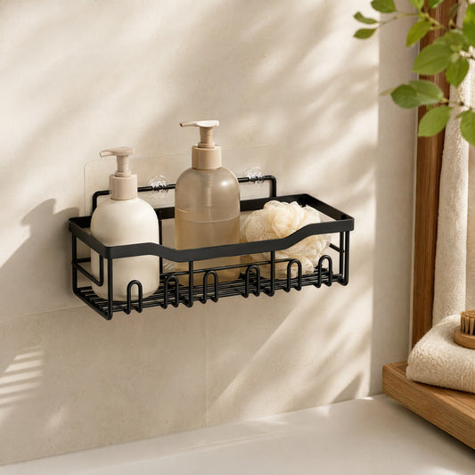 Darkledge™ Black Carbon Steel Bathroom Storage Rack in a calm home setting