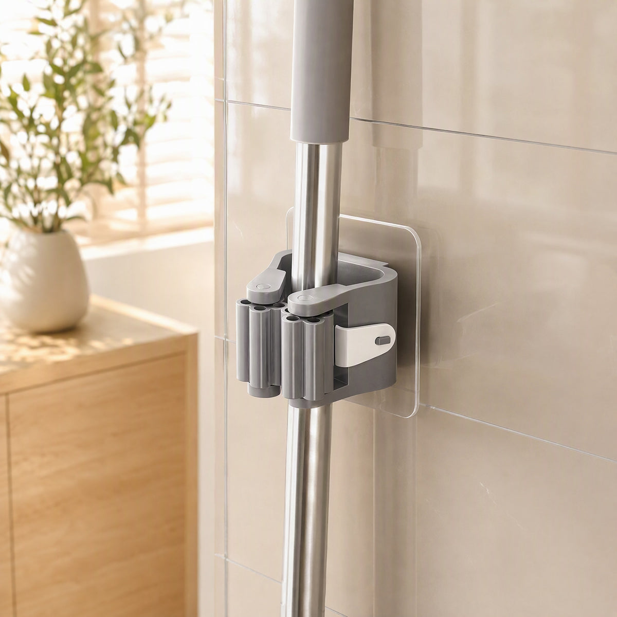 Mophold™ Plastic Adhesive Mop Holder Hook in a calm home setting