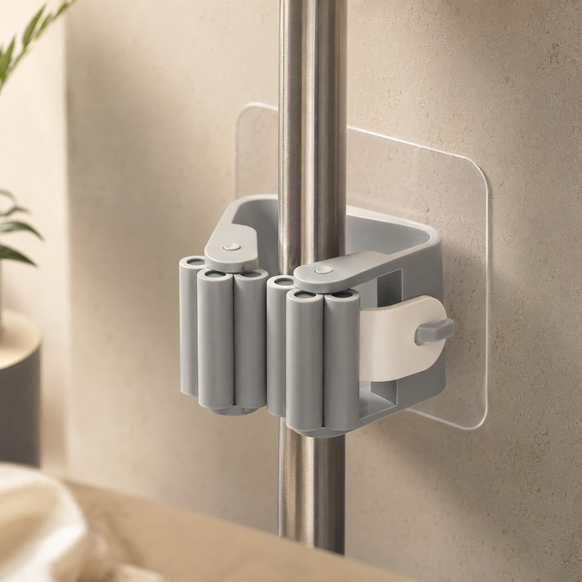 Mophold™ Plastic Adhesive Mop Holder Hook, styled close view