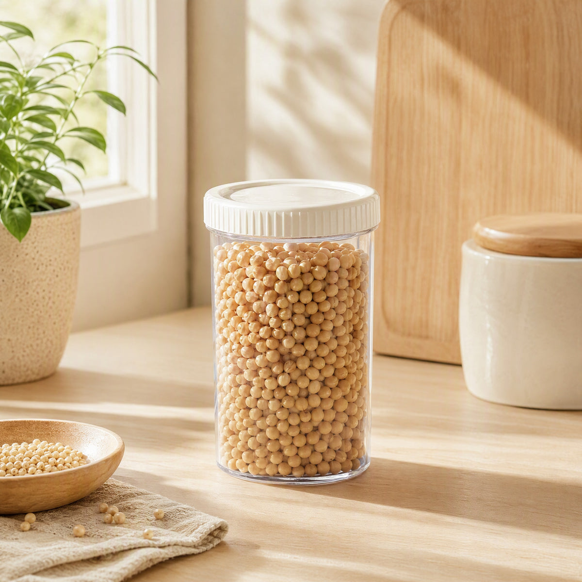 Grainkeep™ Round Plastic Grain Storage Jar in a calm home setting