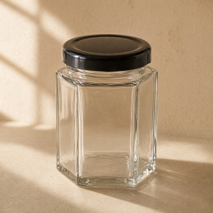 Hexahold™ Hexagonal Glass Food Jar With Lid, material and detail close-up