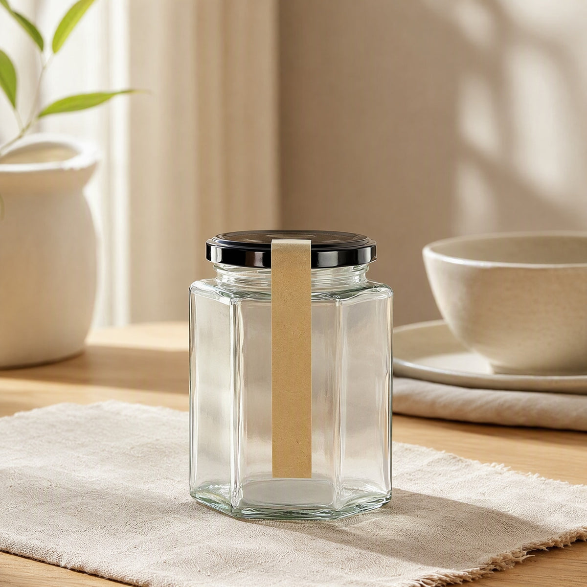 Hexahold™ Hexagonal Glass Food Jar With Lid in a calm home setting