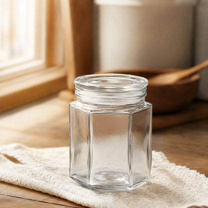Hexahold™ Hexagonal Glass Food Jar With Lid, styled close view