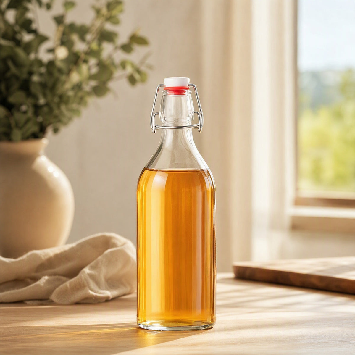 Sipclasp™ Glass Beverage Bottle With Buckle Cap in a calm home setting