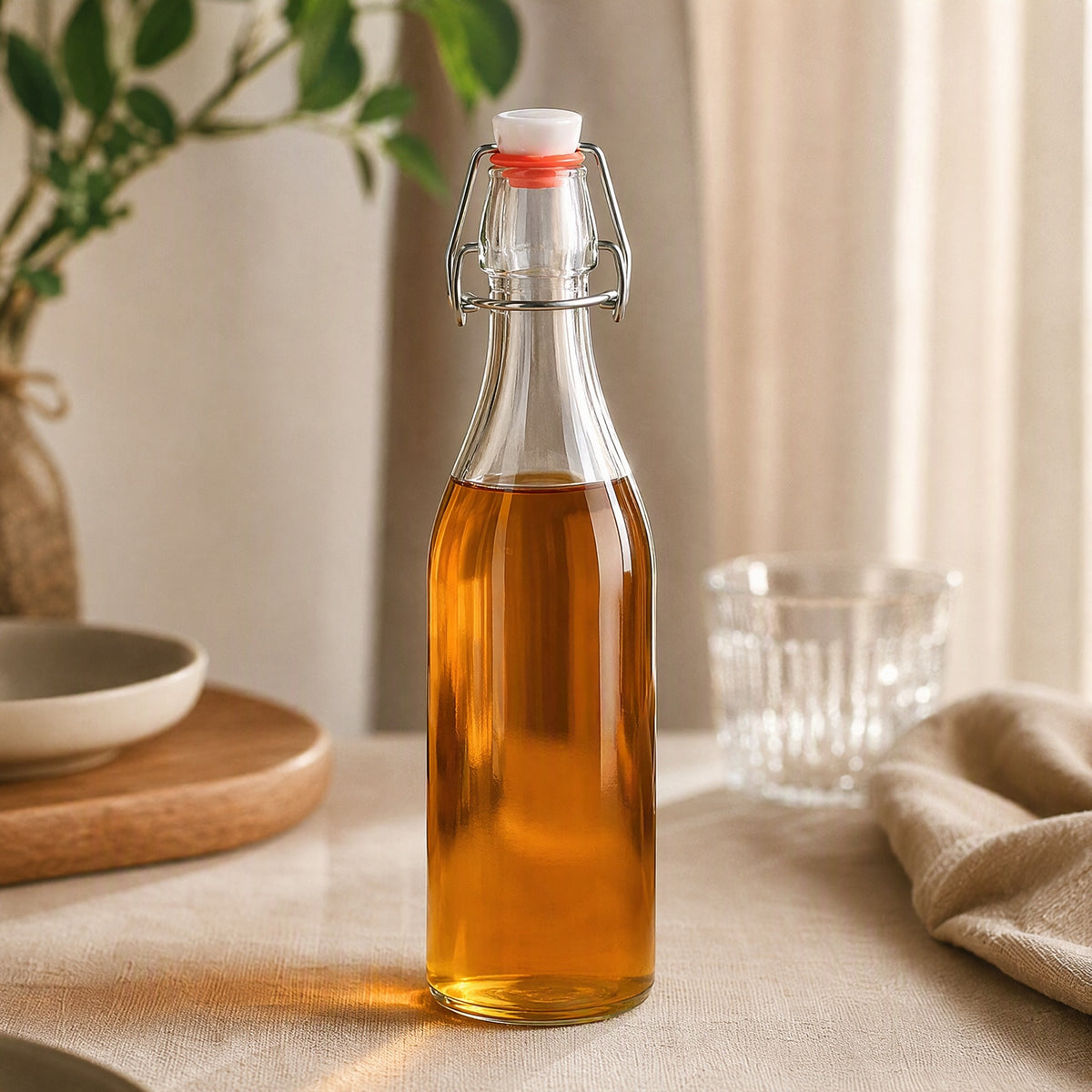 Sipclasp™ Glass Beverage Bottle With Buckle Cap, styled close view