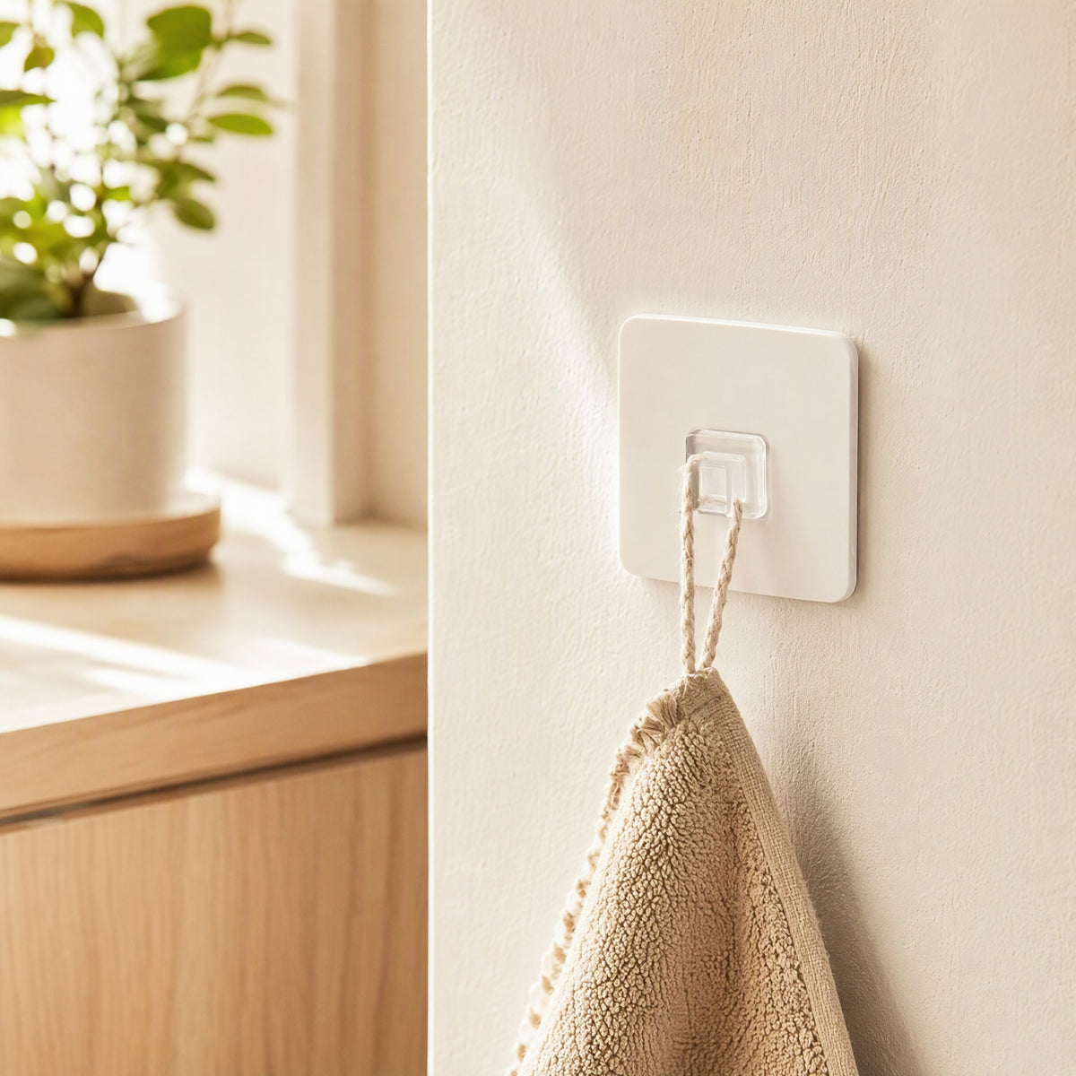 Hookrack™ Plastic Adhesive Hook Storage Rack in a calm home setting