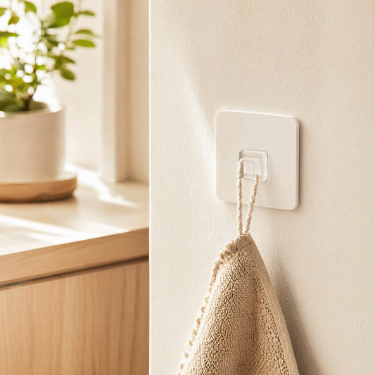 Hookrack™ Plastic Adhesive Hook Storage Rack in a calm home setting