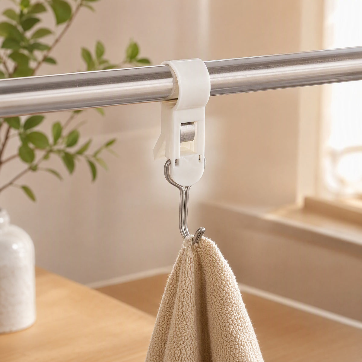 Towelclip™ Plastic Clip-On Towel Rack Hook in a calm home setting