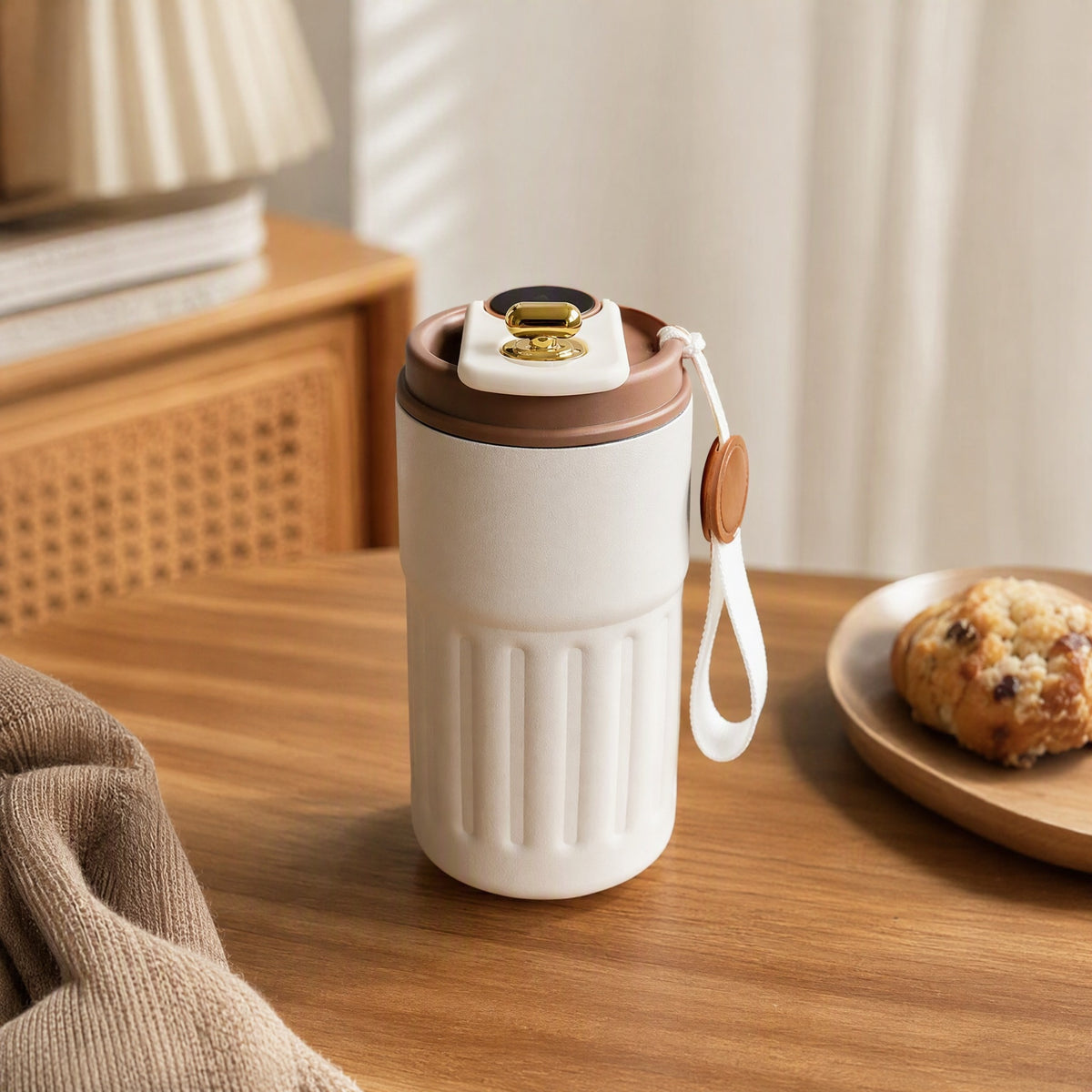 Tempmark™ Stainless Steel Temperature Display Thermos Cup, styled close view
