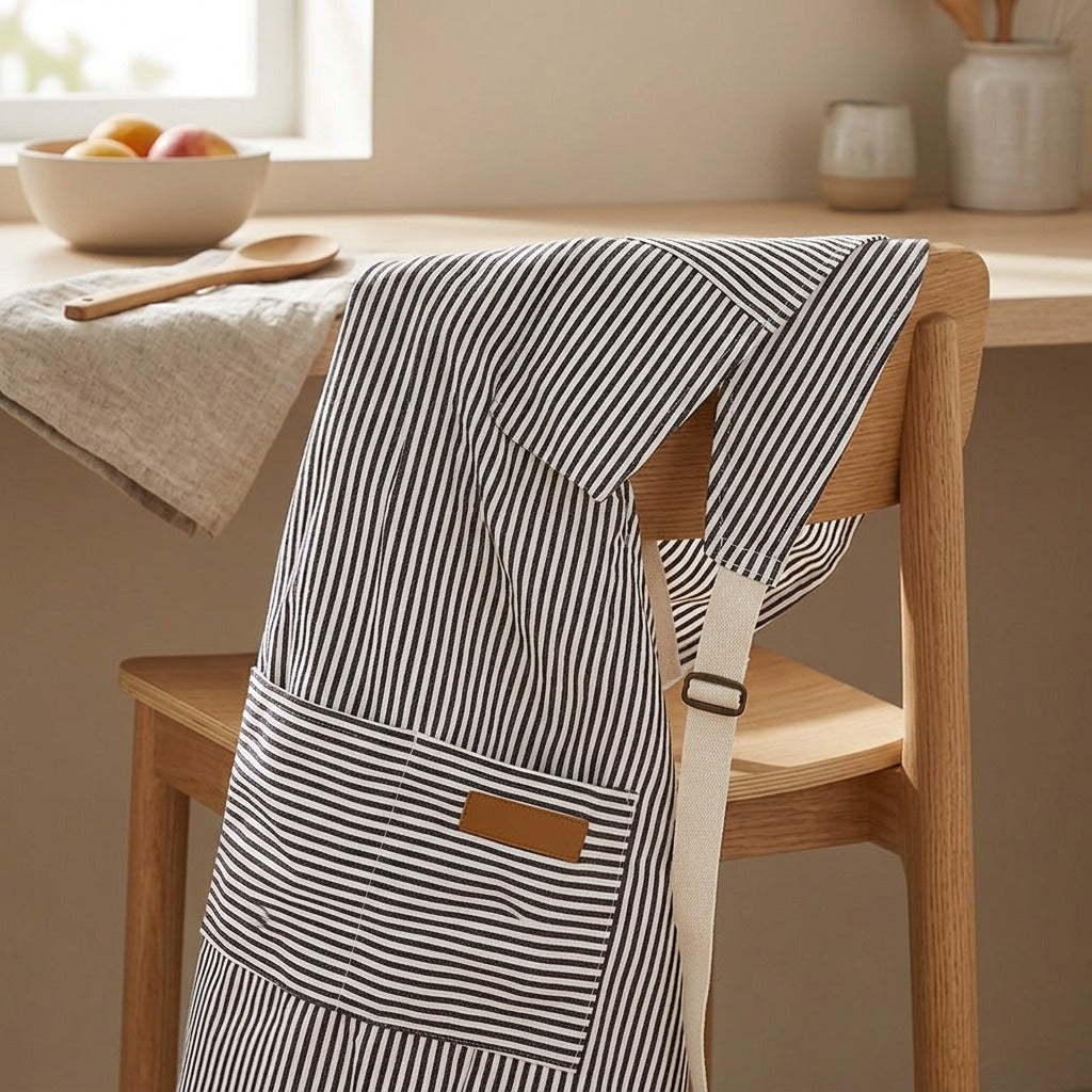 Stripebib™ Polyester Cotton Striped Apron, styled close view