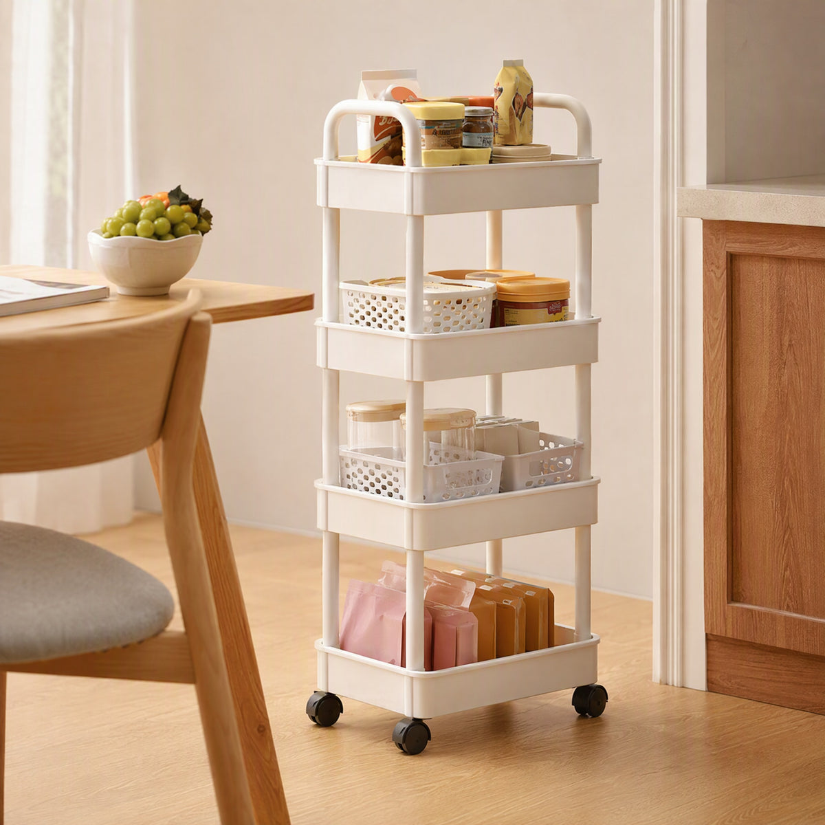 Rollstow™ Plastic Mobile Storage Rack, styled close view