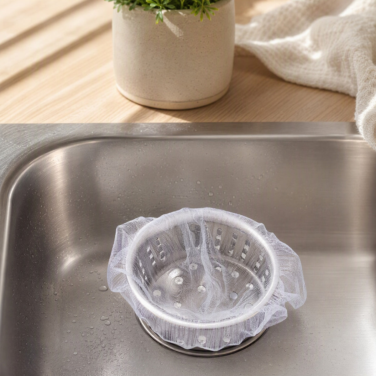 Siftmesh™ Polyester Kitchen Sink Filter Screen in a calm home setting